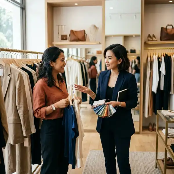 Fashion stylist membantu pelanggan memilih warna pakaian sesuai undertone kulit sawo matang