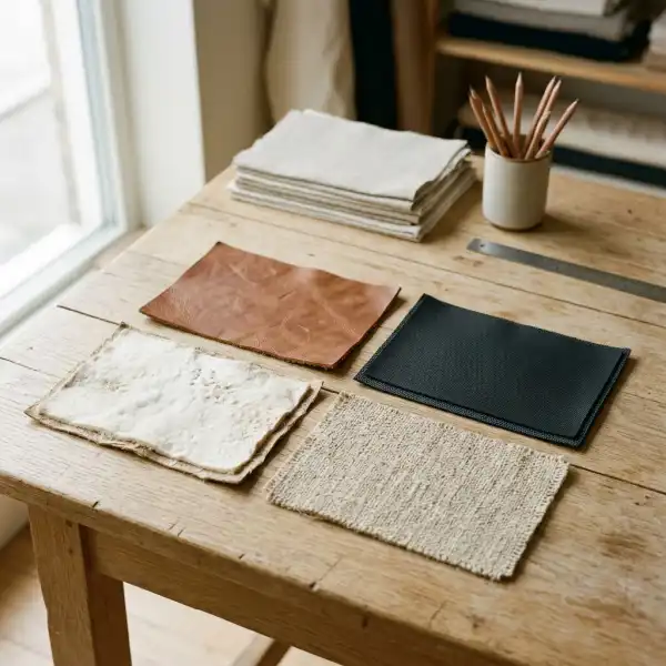 Leather and leather alternative swatches arranged for fashion product development