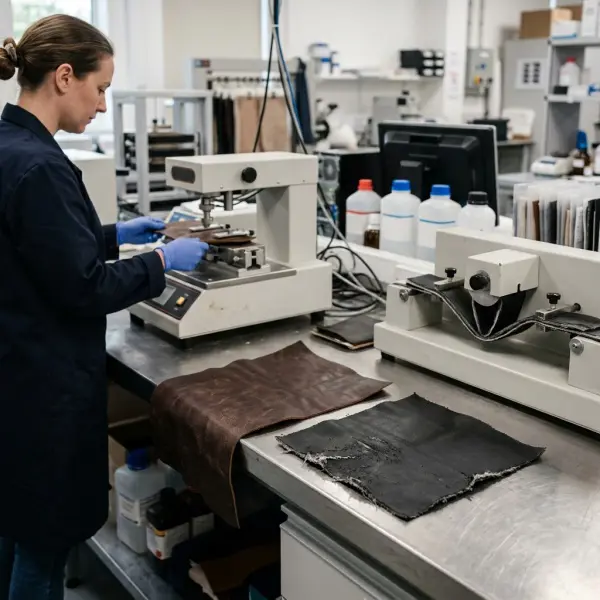 Genuine and vegan leather samples undergoing flex and abrasion testing