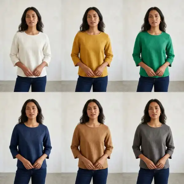 Model kulit sawo matang mengenakan beberapa warna pakaian berbeda untuk menunjukkan efek visual yang dihasilkan