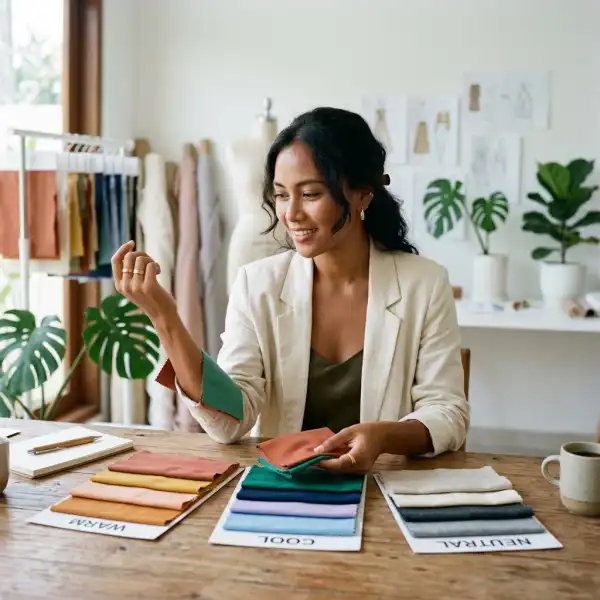 Perempuan Indonesia dengan kulit sawo matang membandingkan beberapa warna kain untuk mengenali undertone kulit