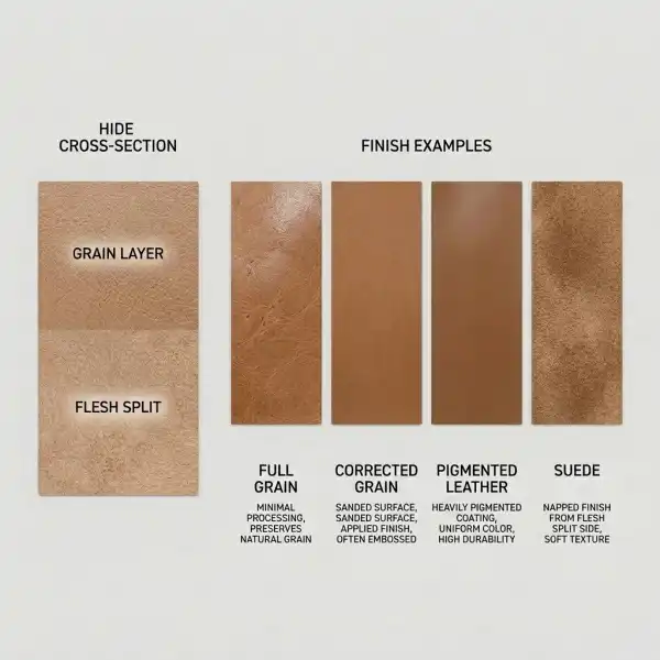 Diagram explaining grain leather, split leather, surface finishing, and suede in fashion materials