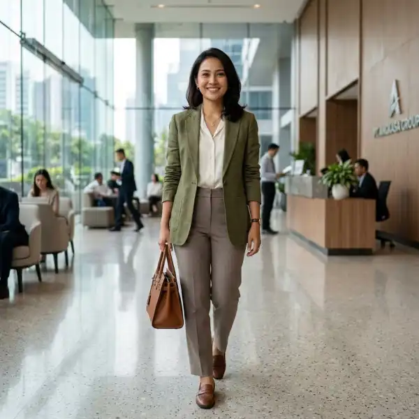 Inspirasi outfit kantor dengan kombinasi warna netral untuk kulit sawo matang