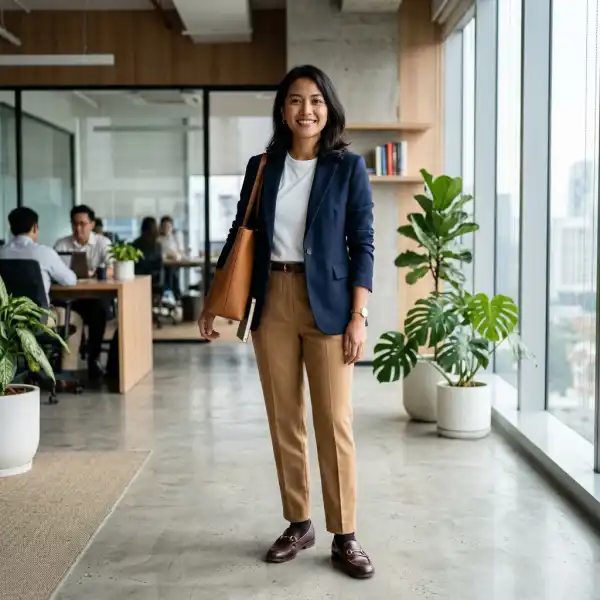 Model mengenakan blazer navy dan celana camel yang cocok untuk kulit sawo matang