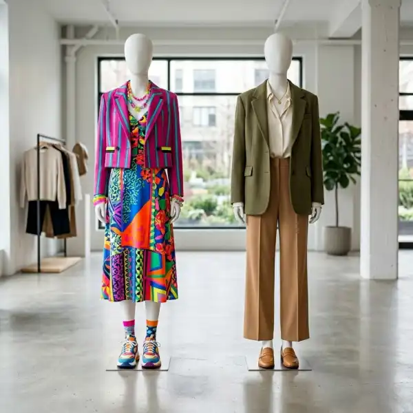 Perbandingan outfit dengan terlalu banyak warna dan outfit dengan komposisi warna yang seimbang