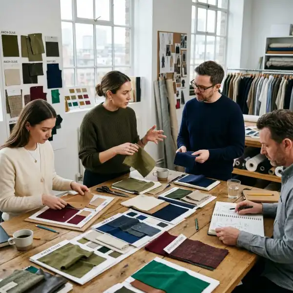 Tim desainer fashion menyusun palet warna koleksi menggunakan sampel kain dan color swatches