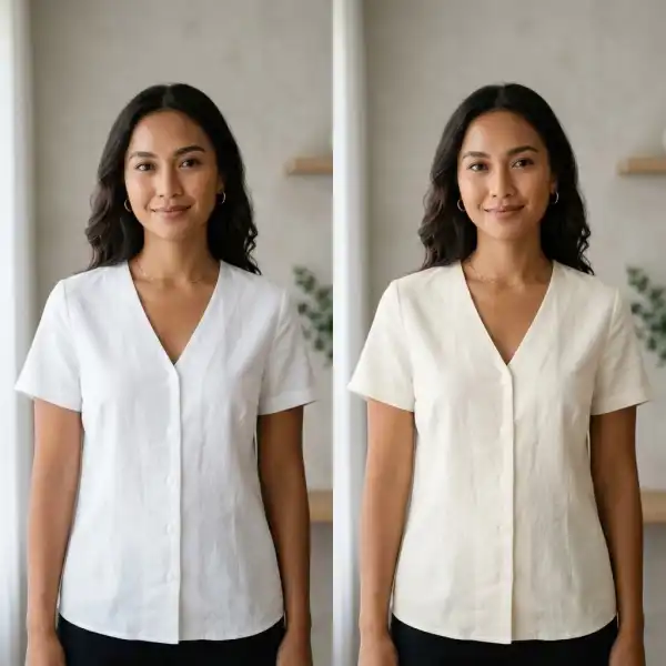 Perbandingan outfit berwarna putih terang dan ivory pada model dengan kulit sawo matang