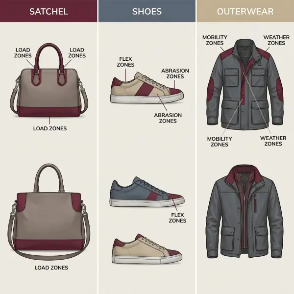 Load and movement zones on a handbag, shoe, and outerwear garment