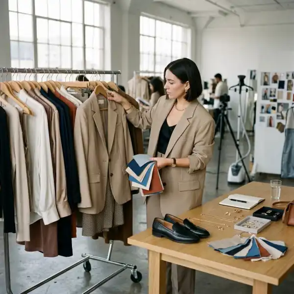 Fashion stylist mengevaluasi kombinasi warna outfit sebelum sesi pemotretan katalog