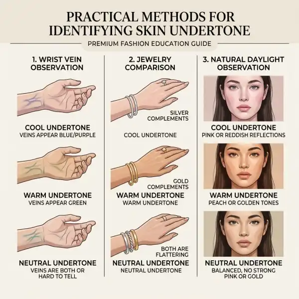 Ilustrasi sederhana tiga metode mengenali undertone kulit sawo matang