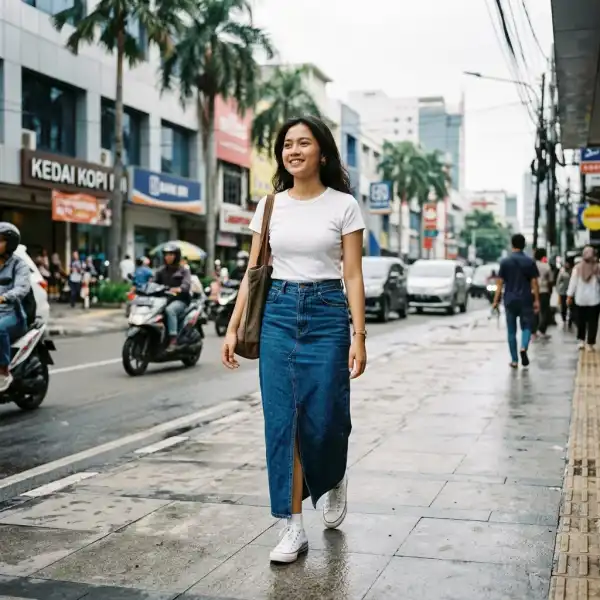 Outfit casual dengan maxi skirt, kaus dan sneakers