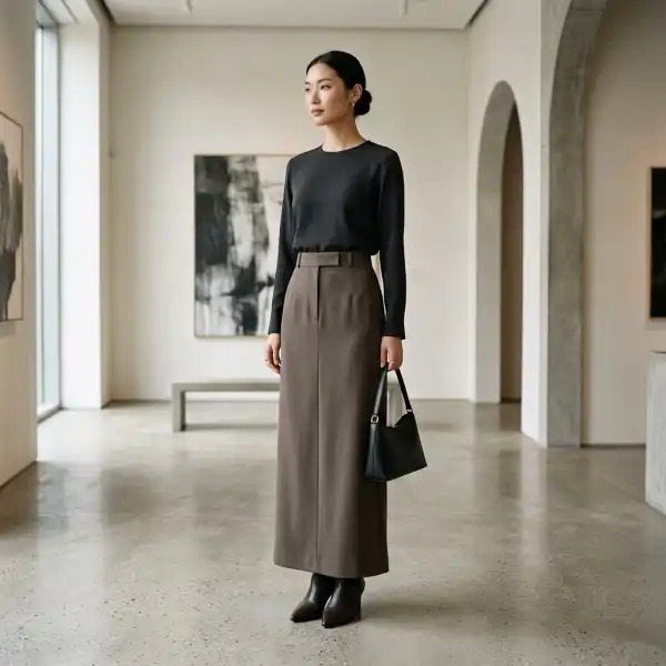 Column maxi skirt dengan siluet lurus modern untuk tren 2026