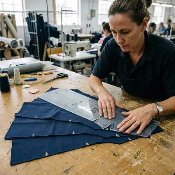 Garment cut panels checked for top-to-bottom cutting accuracy