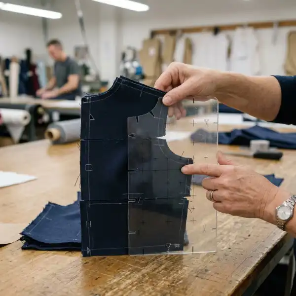 Quality inspector comparing garment panels from different fabric lay levels