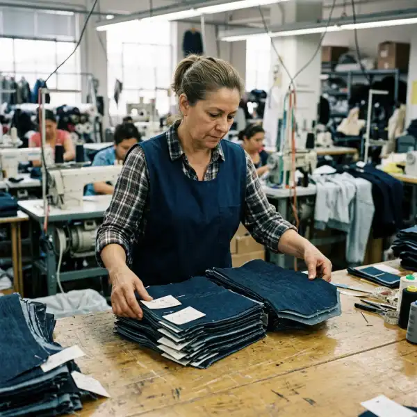 Garment cut panels being checked, numbered, and bundled for sewing
