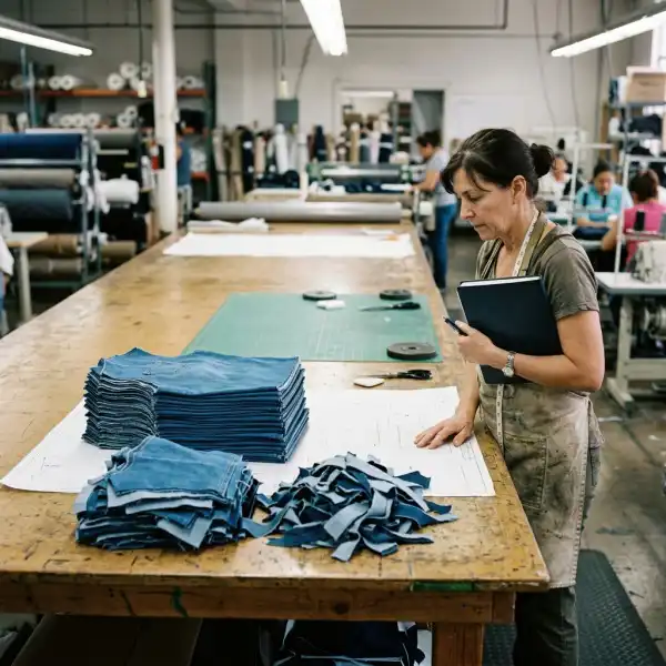 Garment cutting-room team auditing fabric offcuts and accepted cut panels