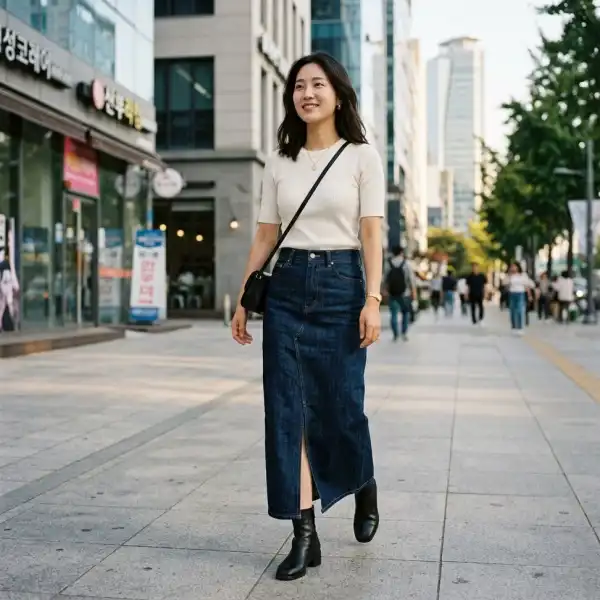 Model denim maxi skirt panjang yang menjadi tren fashion 2026