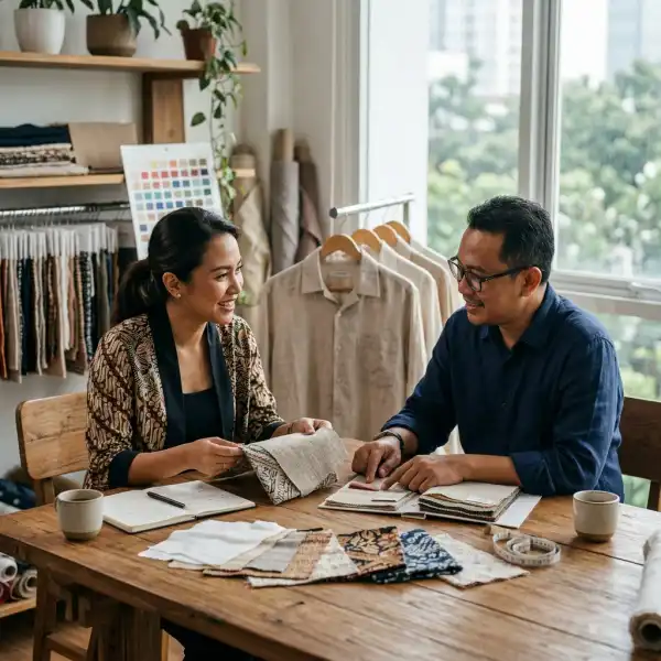Pemilik UMKM fashion berdiskusi dengan supplier mengenai spesifikasi dan kebutuhan kain