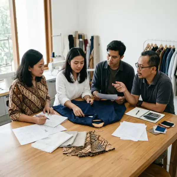 Tim UMKM mengevaluasi kesesuaian kain sebelum melanjutkan produksi massal