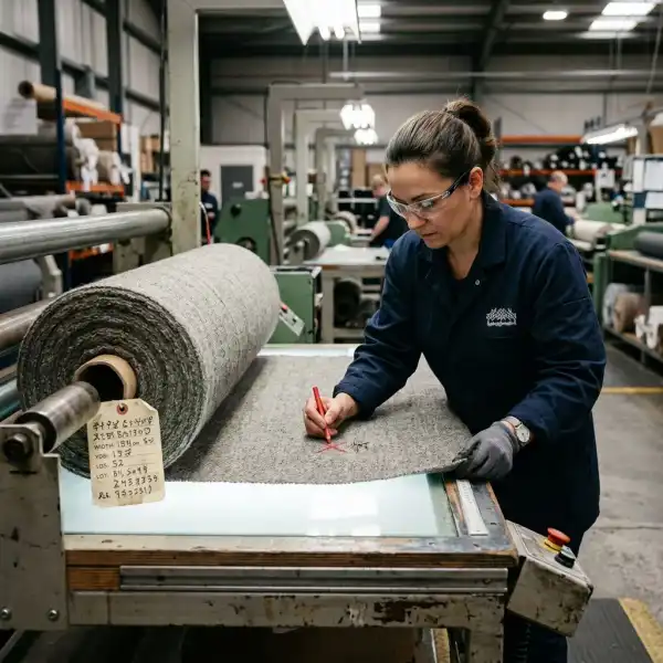 Fabric roll being inspected and identified before garment cutting