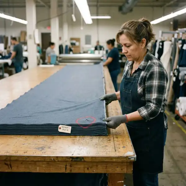 Garment operator checking fabric lay alignment and a marked defect during spreading