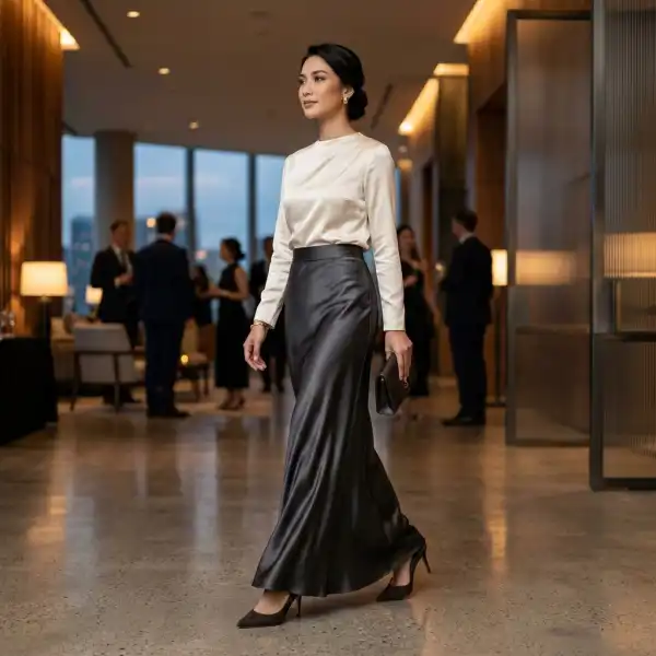 Outfit formal dengan maxi skirt panjang dan blouse elegan