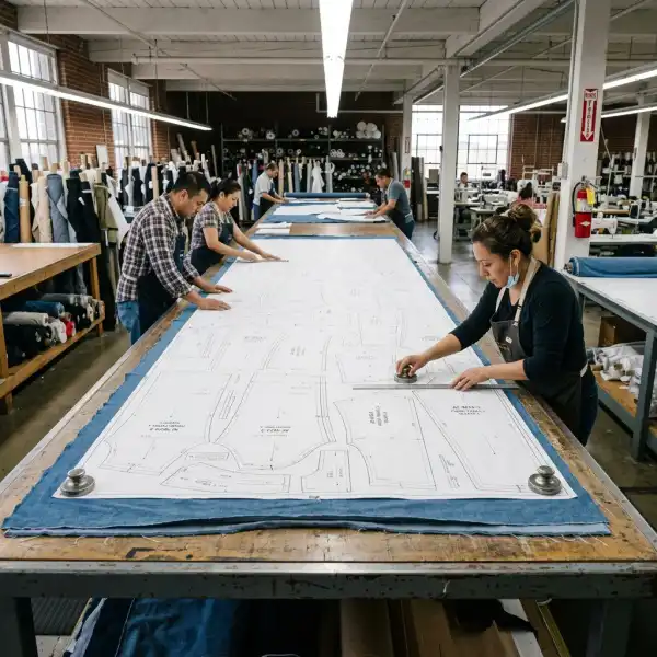 Garment factory cutting room with fabric spreading and pattern preparation