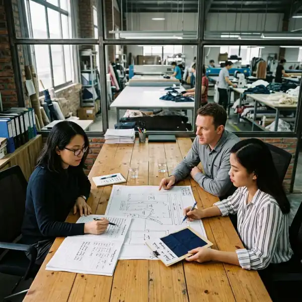 Fashion production team reviewing cutting-room fabric utilization records