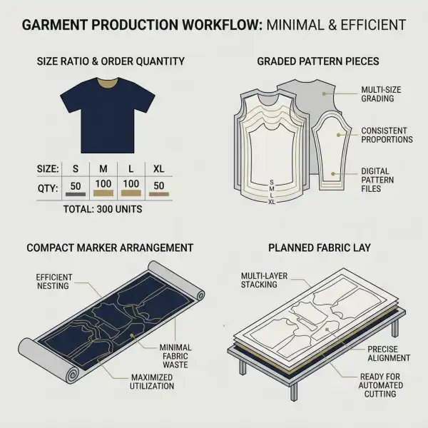 Workflow from garment size ratio to marker plan and fabric lay