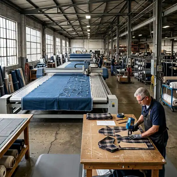 Hybrid cutting room using automated and manual cutting stations