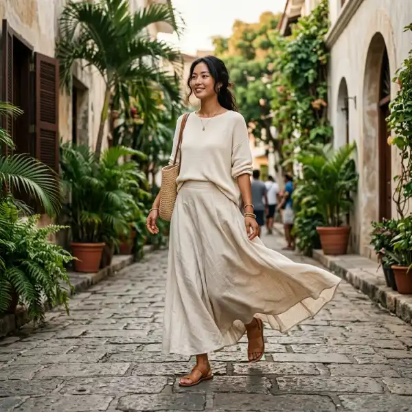 Drape kain yang memperlihatkan gerakan pada maxi skirt
