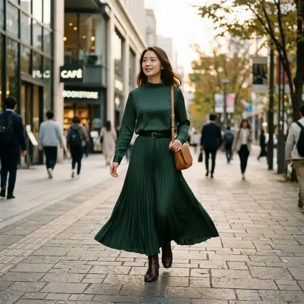 Maxi skirt panjang dengan siluet bervolume yang menunjukkan gerakan kain