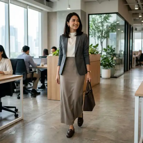 Styling maxi skirt untuk outfit kerja dengan blazer dan loafers