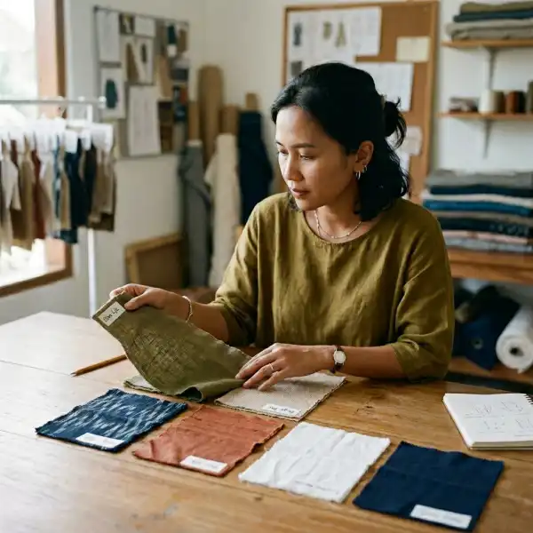 Pemilik UMKM fashion memilih kain berdasarkan karakter bahan untuk pengembangan produk