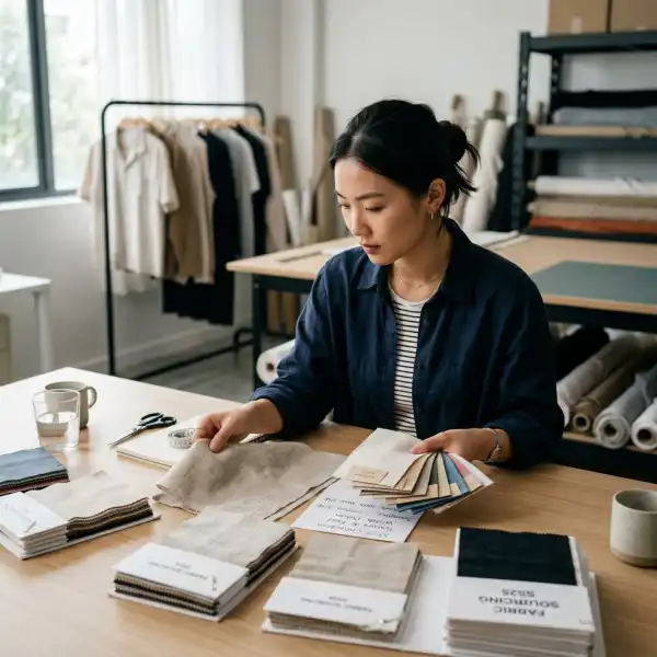 Pemilik UMKM fashion memeriksa sample kain sebelum memilih supplier