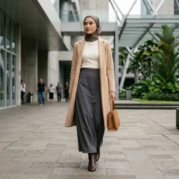 Styling maxi skirt untuk tampilan modest dengan coverage dan layering yang seimbang