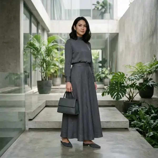 Styling maxi skirt monochrome dengan permainan warna dan tekstur