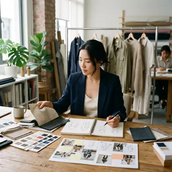 UMKM fashion memeriksa sample kain dari beberapa supplier sebelum produksi