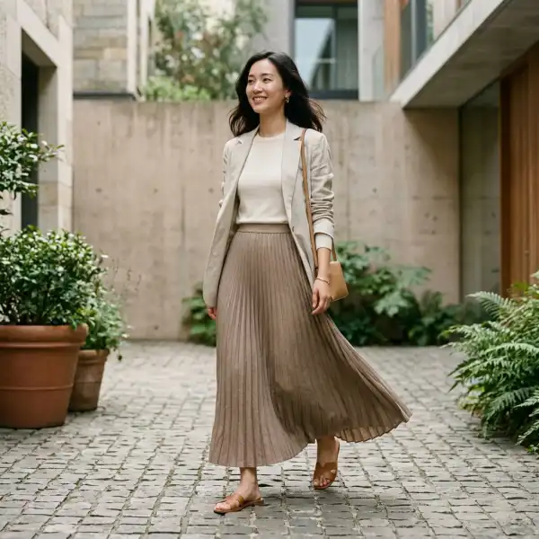 Pleated maxi skirt dengan detail lipit yang sedang tren pada 2026