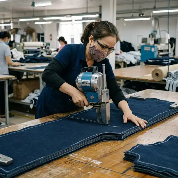 Operator cutting a multi-ply fabric lay for garment production