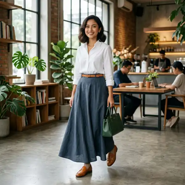 Maxi skirt untuk outfit smart casual dengan kemeja dan loafers