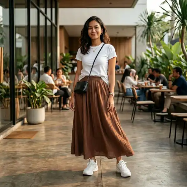 Maxi skirt dengan T-shirt dan sneakers untuk tampilan casual