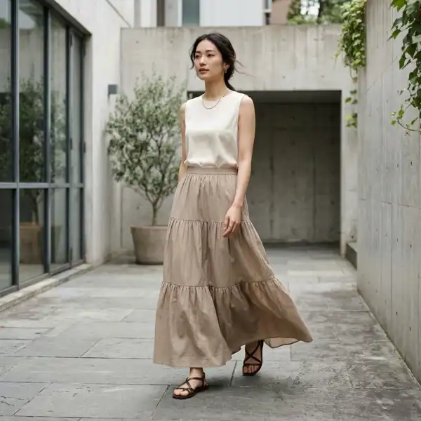 Tiered maxi skirt dengan detail bertingkat yang sedang tren pada 2026