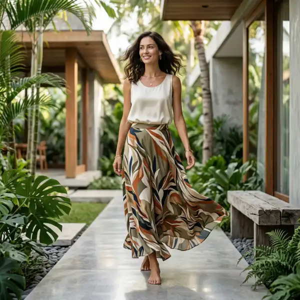 Maxi skirt viscose dengan drape yang lembut dan flowing