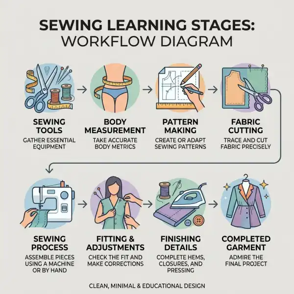 Diagram sederhana tahapan belajar menjahit dari alat hingga busana jadi