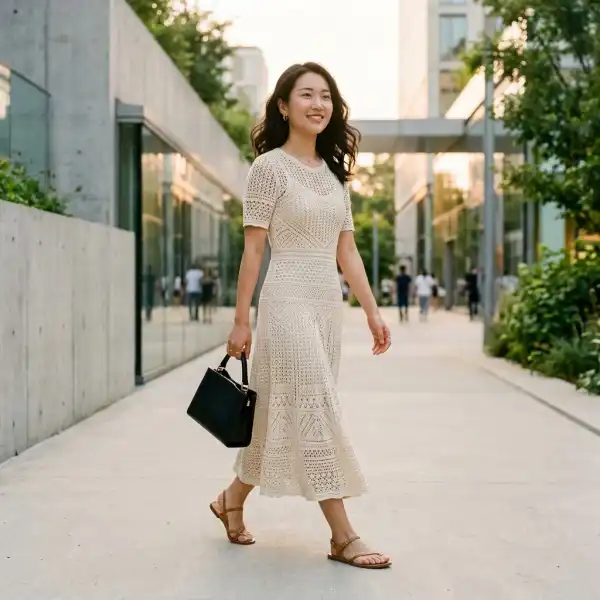 Crochet dress digunakan untuk gaya kota modern pada tren fashion 2026