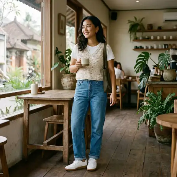 Crochet vest sebagai layering di atas kaus polos untuk outfit kasual Crochet vest sebagai layering di atas kaus polos untuk outfit kasual