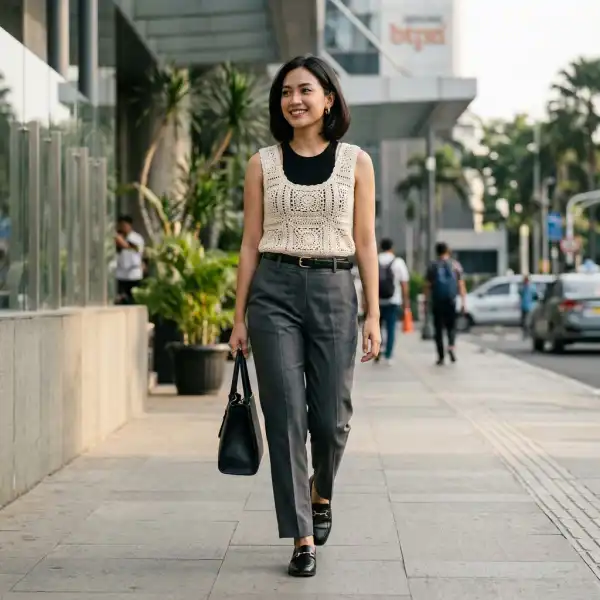 Atasan crochet dipadukan dengan celana tailored untuk outfit sehari-hari Atasan crochet dipadukan dengan celana tailored untuk outfit sehari-hari