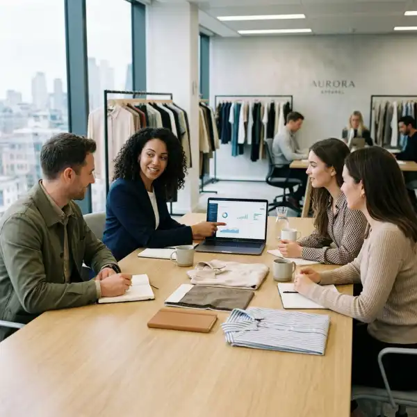 Fashion retail team reviewing customer relationship information and sales performance Fashion retail team reviewing customer relationship information and sales performance