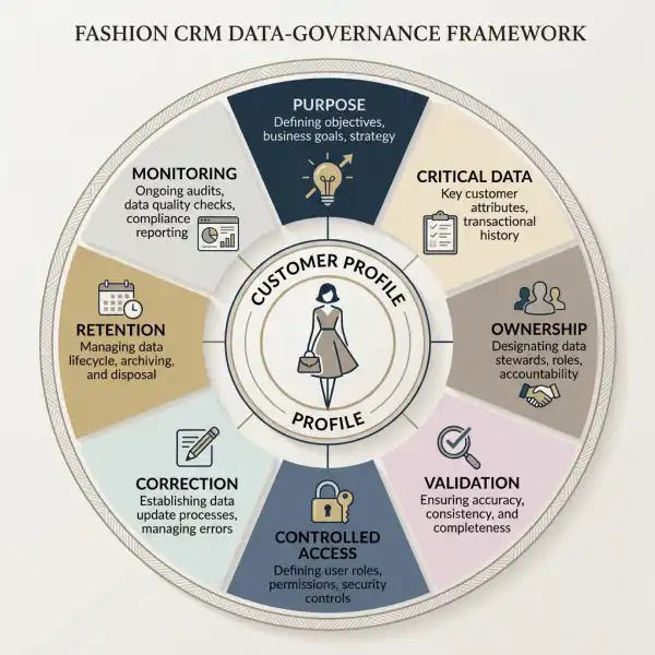 Fashion CRM data-governance framework covering purpose, quality, ownership, access, correction, and retention Fashion CRM data-governance framework covering purpose, quality, ownership, access, correction, and retention